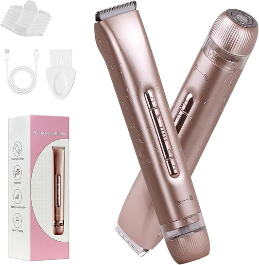 Dual Head 2-in-1 Women's Electric Shaver, Wet & Dry, IPX7 Full Body Waterproof, Bikini Trimmer and Facial Epilator in One Design, Full Body, Pink