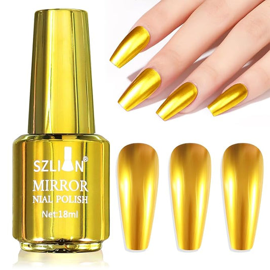 SIUSIO 18ml Mirror Nail Polish, Bright Colorful Metallic for Nail Art, Longlasting Mirror Effect Glue, Gorgeous Reflective Manicure Lacquers, 0.61 fl oz-Gold