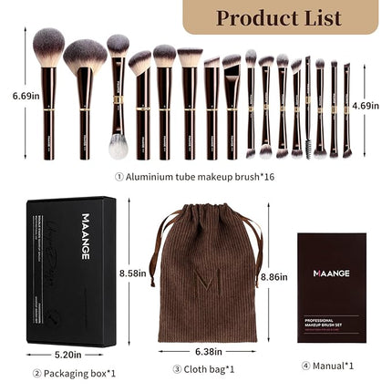 MAANGE Makeup Brushes 16Pcs Professional Foundation Powder Blush Contour Eyeshadows Double-End Makeup Brushes Set with Bag and Gift Box-CoffeeBrown