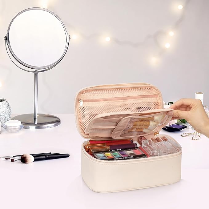 OCHEAL Small Makeup Bag,Portable Cute Makeup Pouch Travel Bag for Women and Girls with Makeup Brush Compartment Organizer cosmetics Bags-Beige
