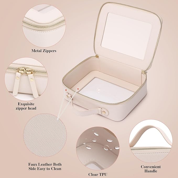 Pinkmik Clear Makeup Bag for Women Waterproof Travel Cosmetics and Toiletries Case Portable Makeup Oaganizer Bag Clear Car Bag with Zipper (Beige, L)