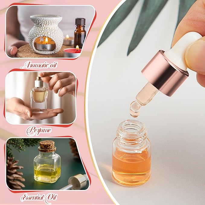 200 Pcs Mini Glass Oil Dropper Bottle Bulk, Clear Essential Small Empty Bottles Sample Containers Perfume Liquid Vials with Cap for Traveling (2 ml,Rose Gold)