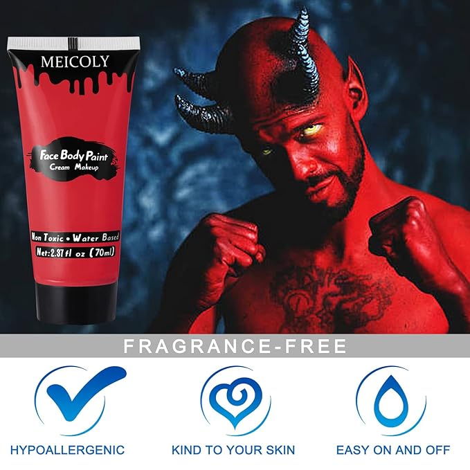 MEICOLY Devil Red Face Body Paint,2.37Oz Large Tube Water Based Washable Face Paint for Halloween Makeup,Cream Full Body Paint for Adults and Kids,Face Painting for Clown Joker Demon Vampire Spiderman
