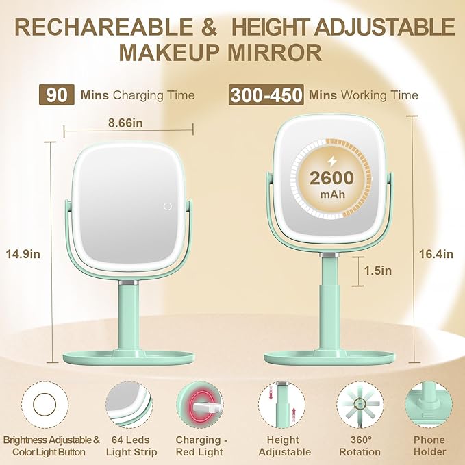 Mocado Makeup Mirror with Lights, 1X/20X Magnifying Mirror with Light, Vanity Mirror with 3 Colors Lights, Height Adjustable Lighted Makeup Mirror, Double Sided 360°Rotation, Memory Function (Green)