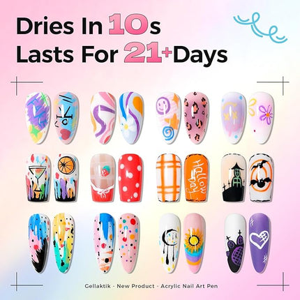 GELLAKTIK 12 Colors Nail Art Pens Set, 3D Nail Color Pens, Quick-Drying Acrylic Paint Markers, Dotting Liner Brush for DIY Nail Design, Home & Salon Manicure Tools