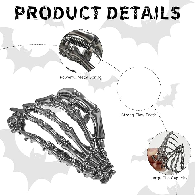 3Pack Metal Black Spider Web hair clips Skeleton Hand Skull Hair Clips for Women And Girls,Goth Accessories for Thick Hair, Claw Clips Hair Accessories Halloween Christmas Gift (Black 3Pcs)