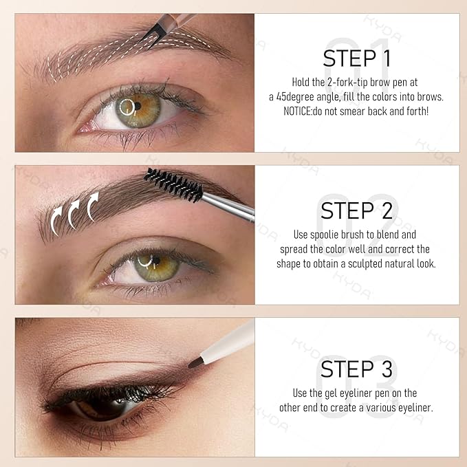 KYDA Microblading Eyebrow Pen, Dual-Ended Eyebrow Pencil with 2-Fork-Tip & Gel Eyeliner for Women, Eye Brow Pen with Gel Eyeliner, Microblading Eye Brow Pencil with Hair Like Strokes, Black