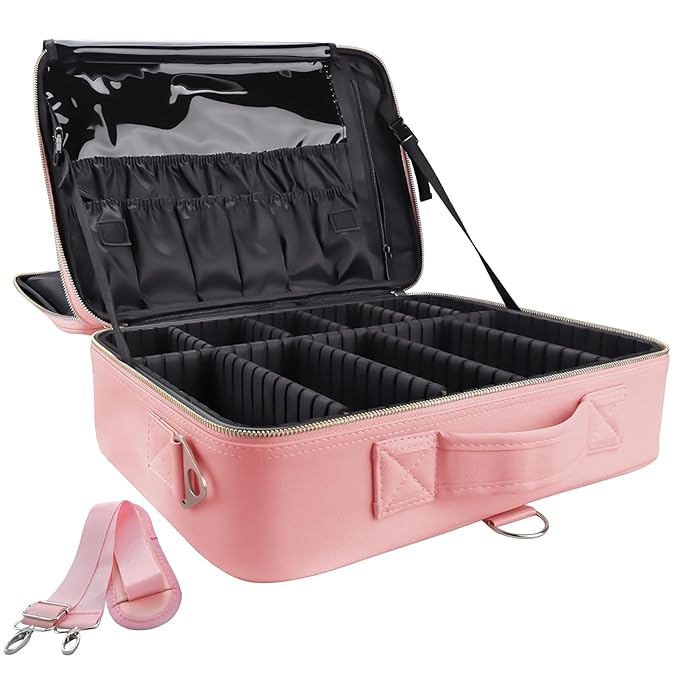 gzcz Travel Makeup Case 16.2 Inches Large Capacity Cosmetic Bag Organizer Portable Waterproof Artist Storage Bag with Adjustable Dividers and Shoulder Strap for Make up Brushes Jewelry (Pink)