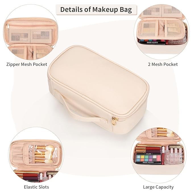 OCHEAL Small Makeup Bag,Portable Cute Makeup Pouch Travel Bag for Women and Girls with Makeup Brush Compartment Organizer cosmetics Bags-Beige
