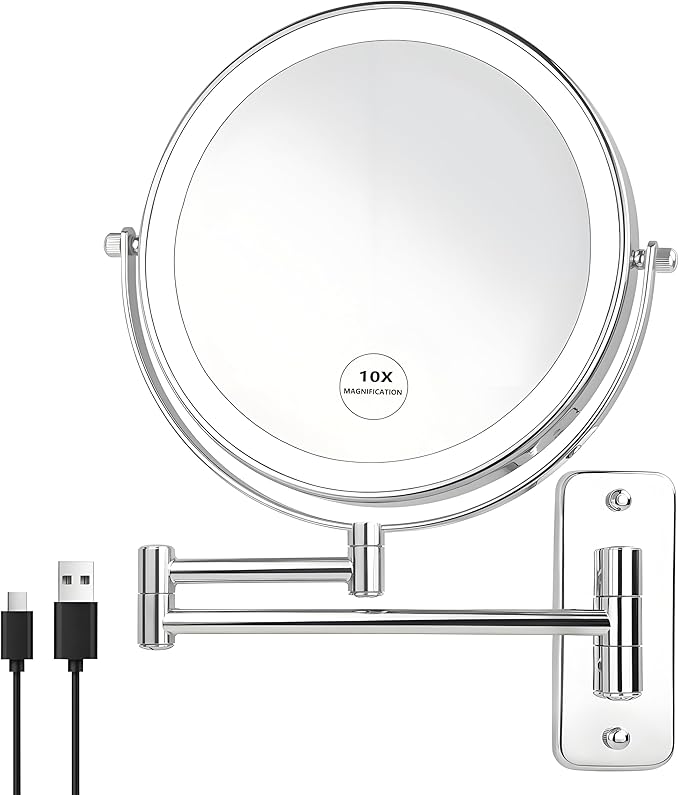 JANEEVA 8" Wall Mounted Lighted Makeup Mirror,Rechargeable Double Sided 1X/10X Magnifying Mirror with 3 Color Lights,Touch Dimmable Bathroom Vanity Mirror with 360°Swivel Extendable Arm Chrome