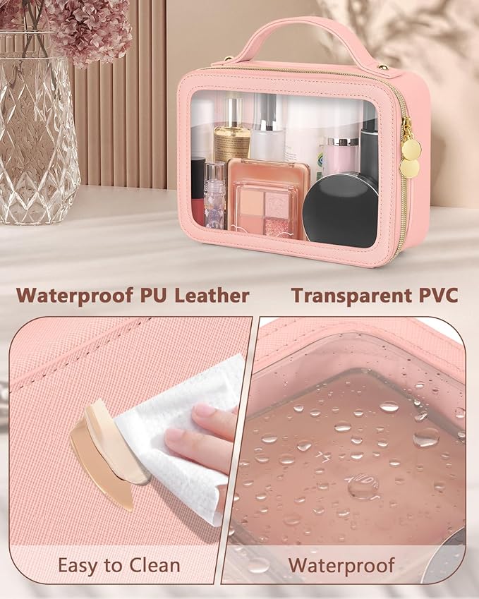 Clear Makeup Bag, Portable Travel Cosmetic Bags, Multipurpose Leather Toiletry Bag with Zipper, Waterproof Transparent Cosmetic Organizer for Women, Medium, Pink