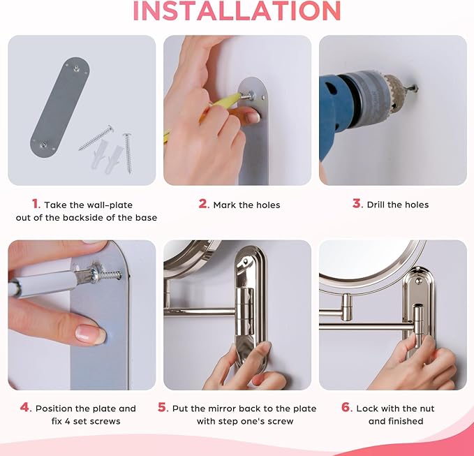 Wall Mounted Makeup Mirror, 10x Magnifying Mirror for Wall,8.5 Inch Makeup Mirror with 3 Color Double Sided 360° Swivel Extendable Bathroom Mirror, Shaving Mirror, Brushed Nickel-No Lights