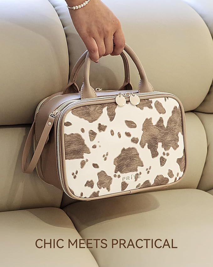 Prite Makeup Bag for Women, Large Capacity Waterproof Travel Cosmetic Organizer, Portable Open Flat Toiletry Bag with Free-standing Brush Holder and Handle(Cow Print Medium)