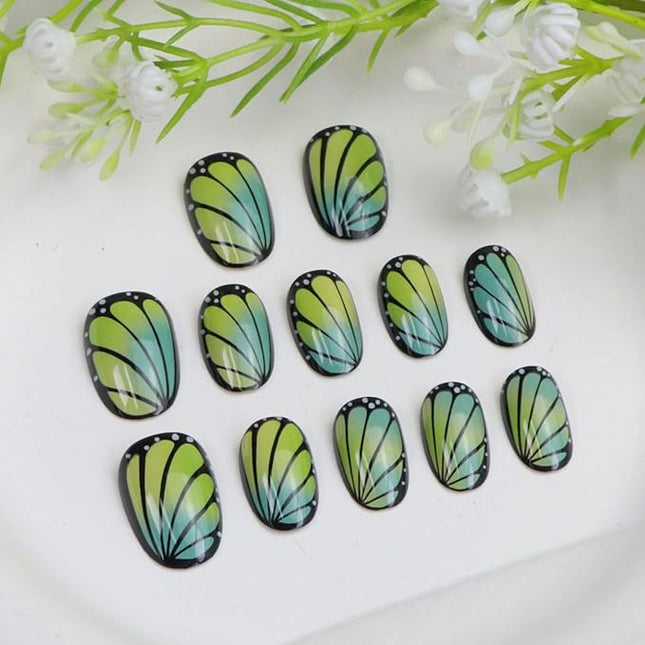 Short Press on Nails Oval Fake Nails with Cute Butterfly Designs Black Nails Press ons Yellow Green Gradient Acrylic Glue on Nail Spring Summer for Women 24 Pcs