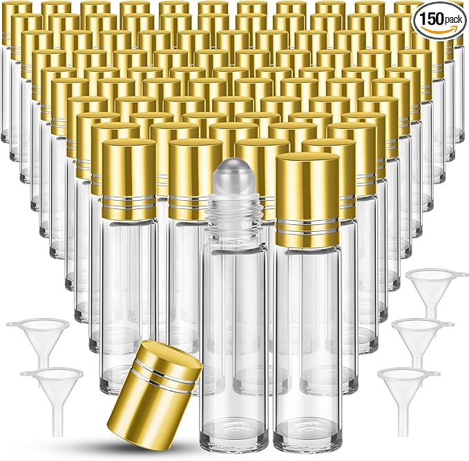 Sumind 150 Pcs Essential Oil Roller Bottles 10 ml Glass Empty Roll on Bottles with Stainless Steel Balls Leak Proof with 5 Funnel for Travel Essential Oil(Gold)