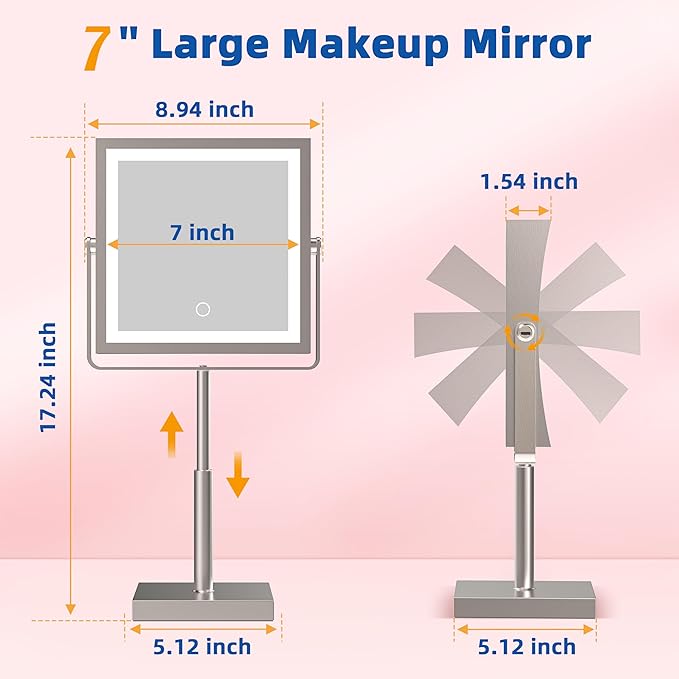Ruacq Rechargeable Makeup Mirror, 4000mAh Lighted Makeup Mirror with Magnification1X/10X, Height Adjustable Vanity Mirror with Lights, 3 Color Lights, Adjust Brightness, 360°Rotation(Brushed Nickel)