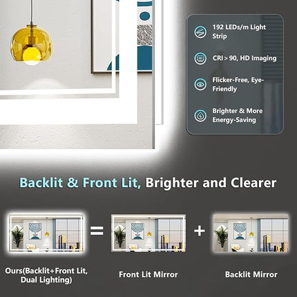 84x32 Inch LED Bathroom Mirror with Lights, Backlit & Front Lit, Anti-Fog Lighted Vanity Mirrors for Bathroom Wall, Dimmable, 3-Color Light, Memory, Shatter-Proof, Tempered Glass, ETL Listed