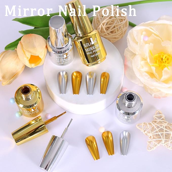 SIUSIO 18ml Mirror Nail Polish, Bright Colorful Metallic for Nail Art, Longlasting Mirror Effect Glue, Gorgeous Reflective Manicure Lacquers, 0.61 fl oz-Gold
