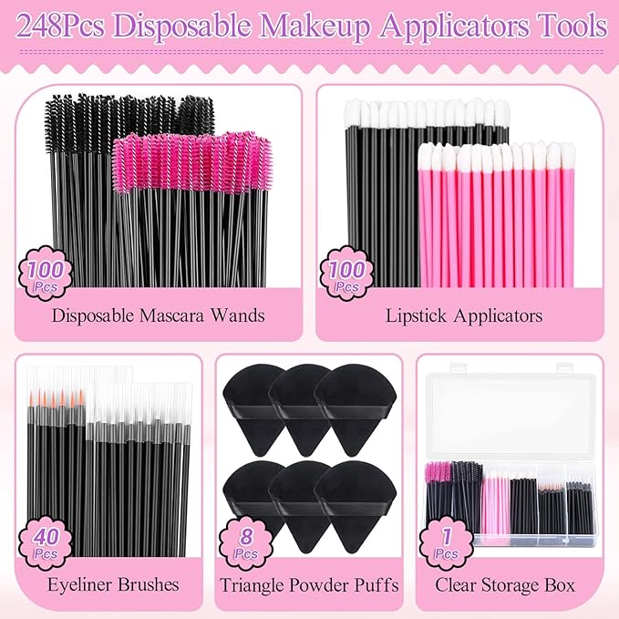 248 Pcs Disposable Makeup Applicators with Triangle Puffs, Mascara wands, Lip/Eyeliner Brushes Disposable Makeup Applicator Kit for Makeup Artist Supplies
