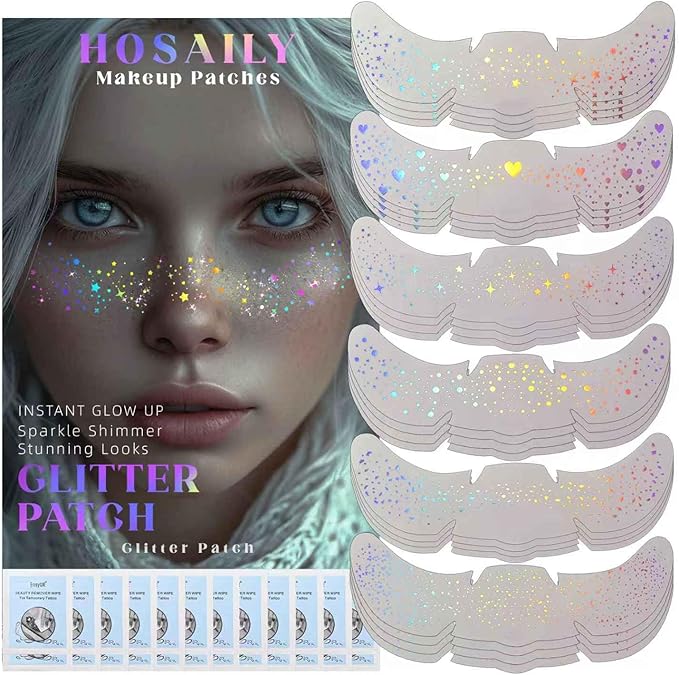 24 pcs Holographic Multichrome Glitter Freckles Face Tattoo, Waterproof Sparkle Face Glitter Speckles Patches for Women, Cute Star Glitter Temporary Tattoo Makeup Accessories for Festival Rave