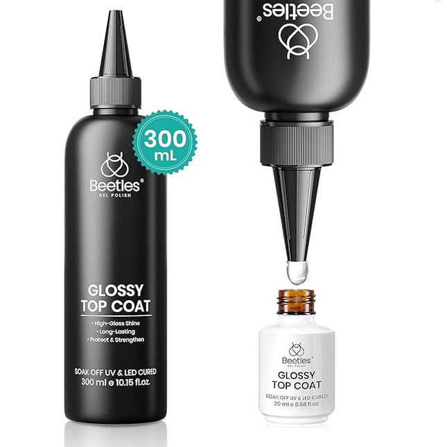 Beetles Extra Glossy Top Coat Bulk 300ml No Wipe Gel Top Coat Refill, Super Large Capacity High Shine Gel Nail Polish Clear Glossy Gel Polish Art Supplies for Techs Manicure Store or Nail Salon Lover