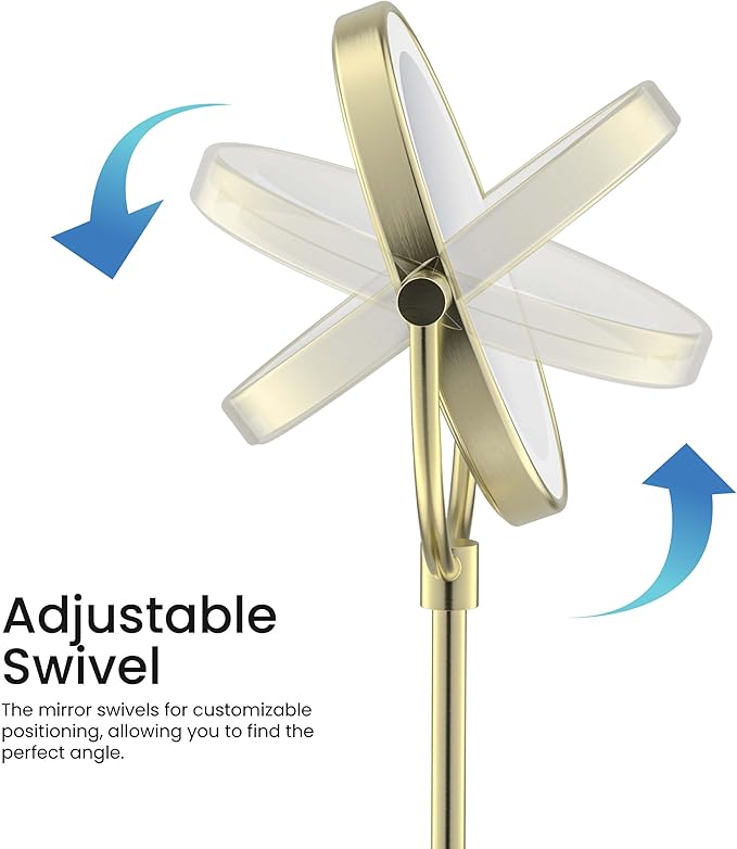 KIBI Circular Lighted Makeup Mirror with LED Lights and Magnification | 360-Degree Swivel with Adjustable Brightness, Dual-Sided Mirror for Desk with 5X Magnification (Brushed Gold Finish, KMM104)