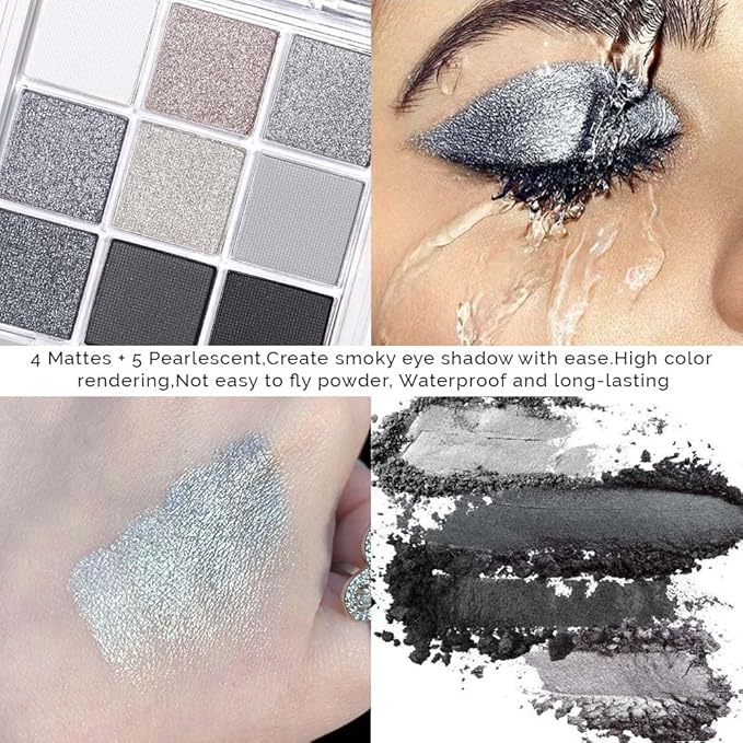 Black Silver Gray Smokey Eyeshadow Palette,Black and White and Sparkly Eye Shadow,Black Smokey Radiance Eyeshadow Palette,Long Lasting Waterproof Womens Eyeshadow Dark