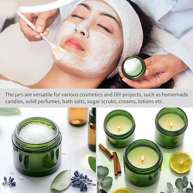 KEYWING 2oz Green Small Glass Jars with Black Lids, 35 Pack Empty Glass Cosmetic Jars with Inner Liners for Lotions, Cream, Powders and Ointments