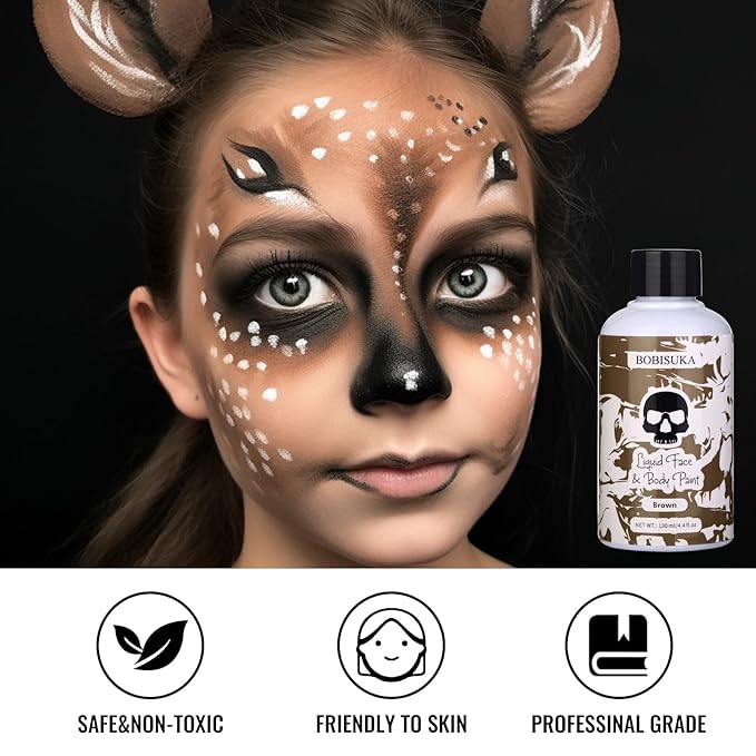 BOBISUKA Brown Face Body Paint Liquid Texture Washable Non Toxic Facepaint Fast Drying Foundation Makeup for Halloween Camo Hulk Hunting Cosplay SFX Costume Party Large Capacity(130ml)