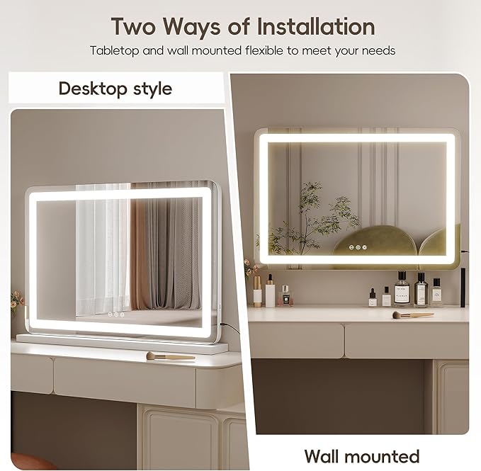 ZL ZELing Vanity Mirror with Lights, 32" x 23", LED Makeup Mirror, Dimmable 3-Color Lighting, 5X Magnification, Touch Screen Control, Wall-Mountable and Tabletop Design