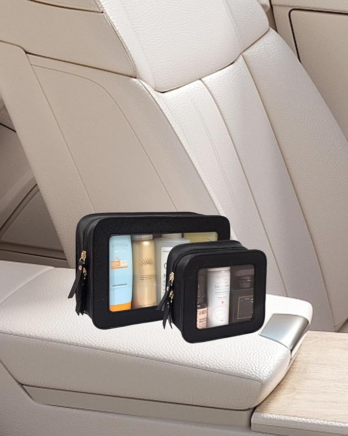 2 Pcs Travel Clear Makeup Bag Set, Clear White Makeup Organizer with Zipper Leather Travel Bags for Toiletries Small Cosmetic Bags for Women Mini Make up Pouch Toiletry Bags Car Essentials