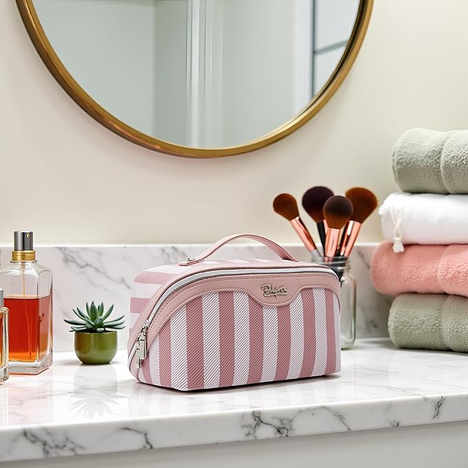 BOYATU Travel Makeup Bag for Women: Large Cosmetic Bag Set of 3 - PU Leather Make up Bag with Compartments - Compact Waterproof Toiletry Bag with Divider & Handle (A-01Pink)