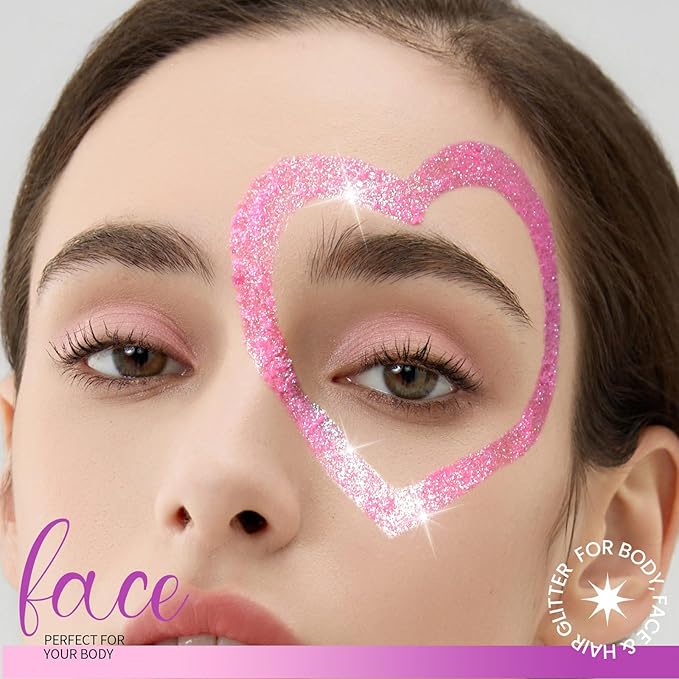 Teenitor Face Glitter, 2pcs Pink Body Glitter Gel, 20g/0.7oz Makeup Glitter for Face, Body, Eye, Hair Glitter Gel, Pink Glitter Gel for Face & Body - 2 Sizes, Festival Glitter Gel