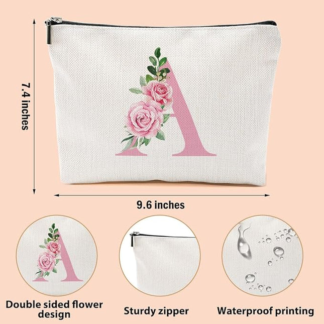 Pink Monogram Makeup Bag, Initial A, Cosmetic Bag Personalized Travel Organizer Bags Makeup Pouch, Monogrammed Gifts for Women Girls Friend Sisters Daughter Bridesmaid Wedding Bridal Shower Gifts