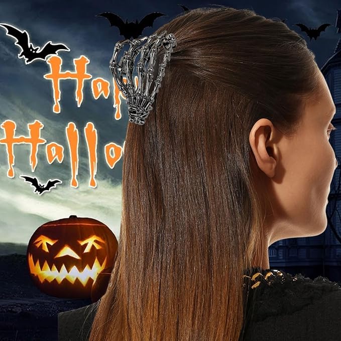 3 Pcs Halloween Hair Claw Clips Black and Golden Skeleton Hand Hair Styling Accessories for Women Girls, Gothic Large Medium Size Catch Clips for Thick Hair Horror Theme Party