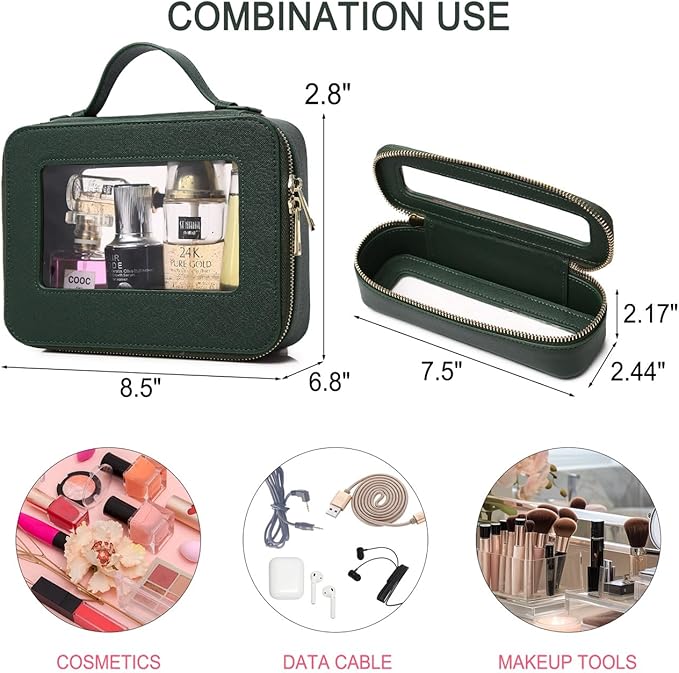 Pinkmik Travel Makeup Bag with Brush Holder Portable Clear Cosmetic Case Waterproof Toiletry Bag Cosmetic Organizer for Women (X/Green, L+SLIM)