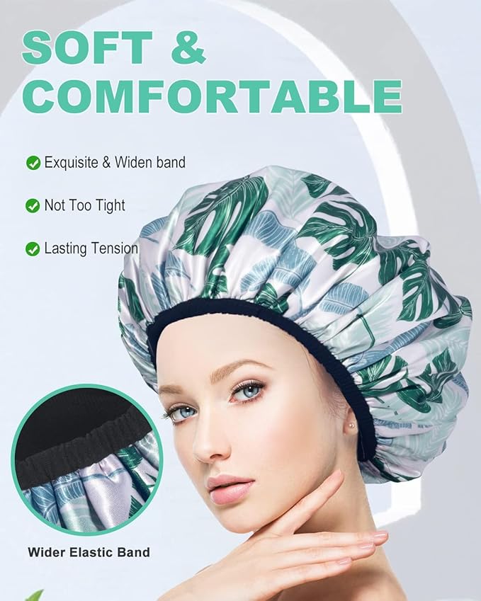 Shower Caps, Triple Layer Waterproof Large Shower Cap for Women, Reusable Shower Caps for Long Thick Hair lined shower cap