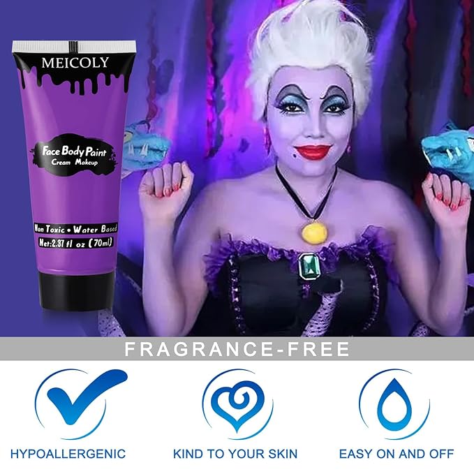 MEICOLY Purple Cream Face Body Paint,2.37Oz Large Tube Water Based Non-Toxic Full Body Paint for Adult and Kids,Highly Pigmented Face Painting for Halloween SFX Special Effects Ursula Cosplay Makeup