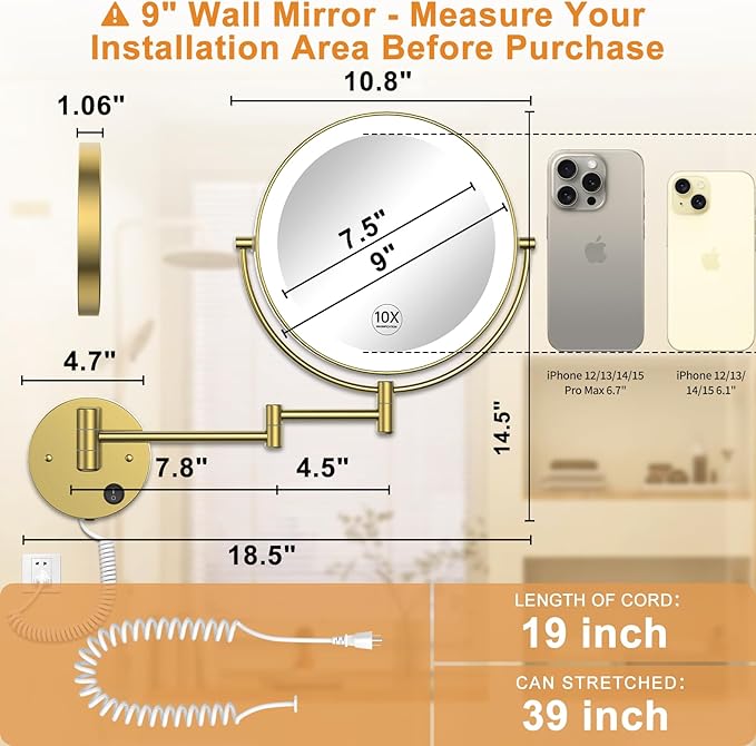 Gospire 9” Wall Mounted Lighted Magnifying Mirror, 1X/10X Magnification Double-Sided LED Bathroom Mirror, 3 Color Lights & Stepless Dimming with Touch Sensor, Extendable Arm 360° Swivel for Shaving