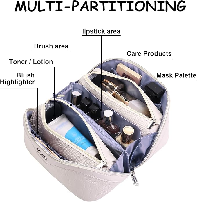 BOYATU Travel Makeup Bag for Women: Cosmetic Organizer Bag with Compartments - Leather Make up Bags Set of 3 (White)