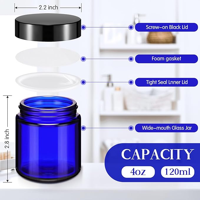 Norme 64 Pcs 4 oz Glass Jars with Lids Leakproof Round Airtight Empty Cosmetic Jars with Inner Liners Lid for Storing Lotions Powder Ointments Candle Making Tins (Blue,Black)