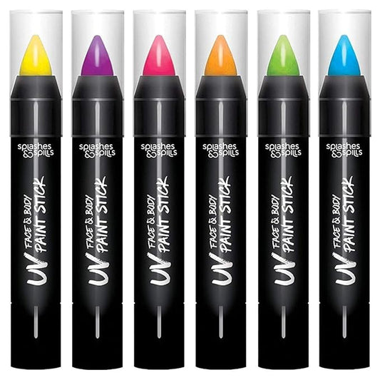 Splashes & Spills UV Face and Body Paint Sticks - UV Body Paint, UV Face Paint for Costume, Cosplay, Theater, Club - Glows Under UV Light - Black Light Paint For All Skin Types (6 Colors)