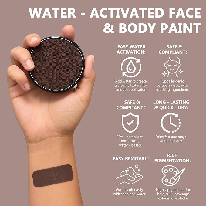Face Body Paint Kit for Kids & Adults, Non-Toxic Water-Based Professional Face Painting Palette with Brushes for Halloween Clown Goth Vampire SFX Makeup, Art Stage Cosplay Parties, Brown