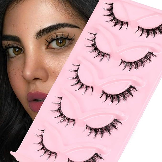 Veleasha Cat Eye Lashes Natural Manga Eyelashes Wipsy Crisscross Fox Eye Lashes with Spike C Curl Clear Band False Eyelashes 5 Pairs Pack (PouncePix)