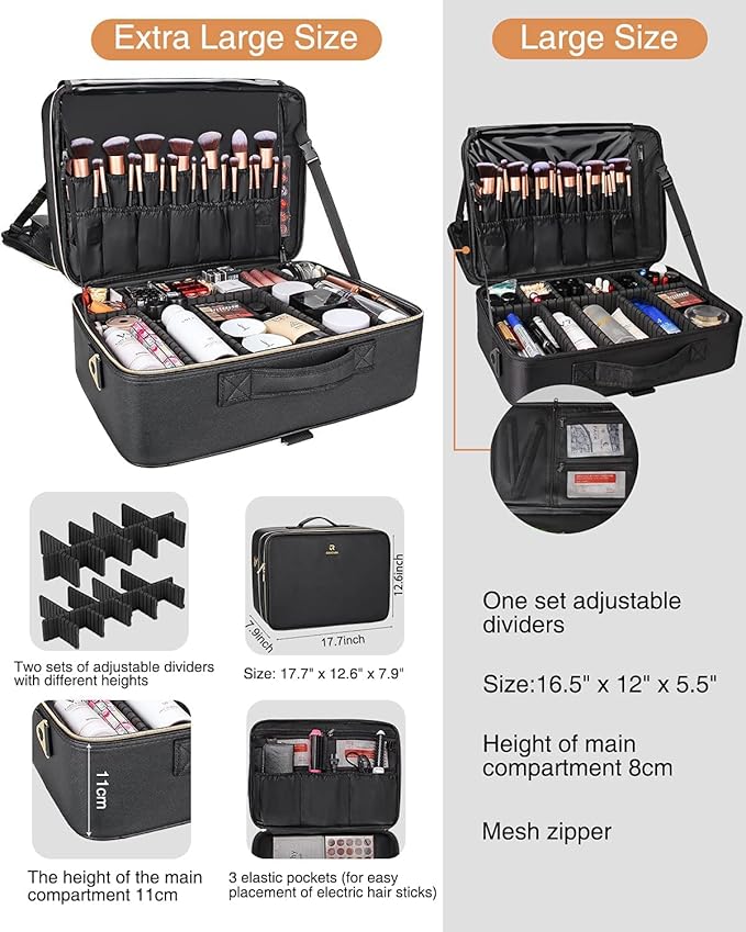 Relavel Extra Large Makeup Case Travel Makeup Bag Professional Leather Artist Bag Portable Cosmetic Brush Holder Organizer Nail Organizer Box with Adjustable Dividers