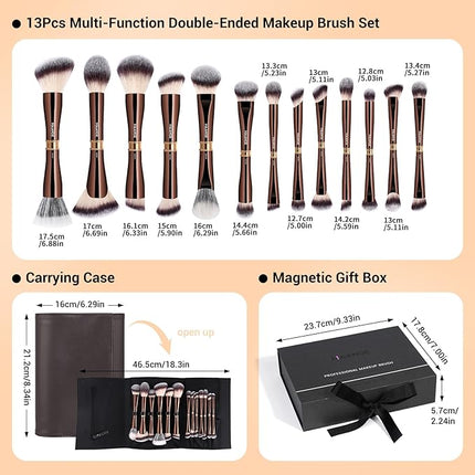 MAANGE Makeup Brush Set with Case Double-ended Makeup Brushes for Foundation Contour Liquid Powder Concealer Eye Shadows Cream Cosmetics Blending Blush Makeup Tools (Coffee Brown, 13 PCS)