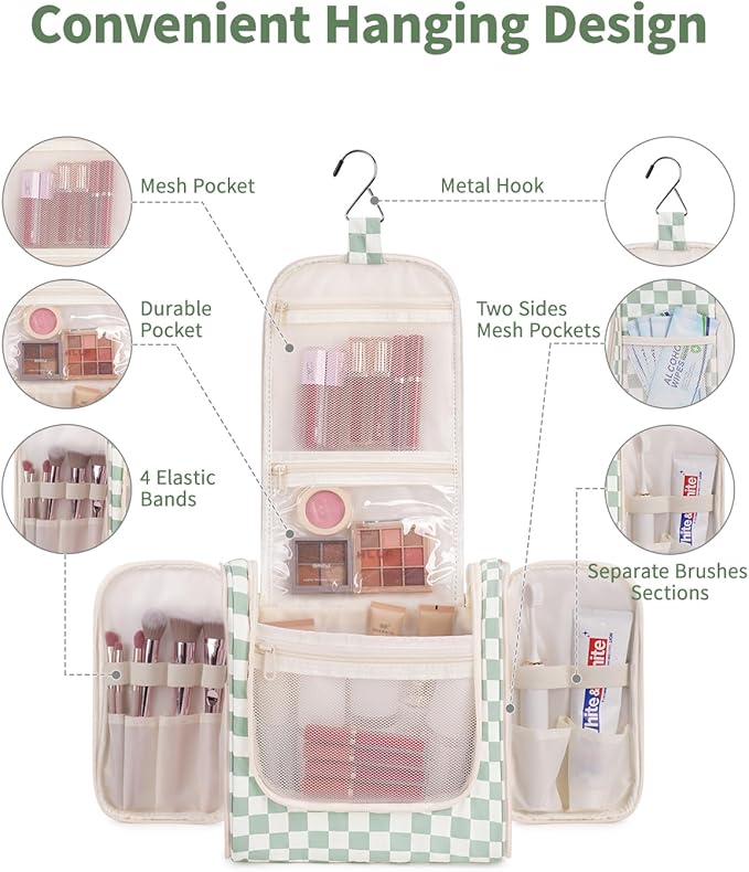 Narwey Checked Hanging Travel Toiletry Bag for Women, Travel Bag for Toiletries, Makeup Bag Organizer Cosmetic Bags Make Up Bags for Women (Mint Green Checkerboard)