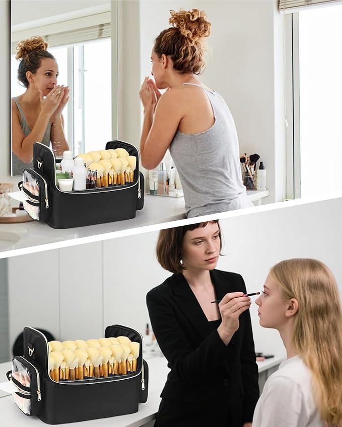 Makeup Brush Case Stand-up Cosmetic Bag Extra Large Makeup Artist Bag Travel Cosmetic Brush Holder Artist Storage Bag Organizer Box with Adjustable Dividers (07-Black（XXX Large）)