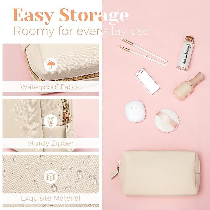 8 Pcs Makeup Bag Pu Leather Cosmetic Pouch Waterproof Small Toiletry Bag Portable Cosmetic Organizer Water Resistant Storage Purse for Lady Women Daily Storage Travel Organizer (Beige,Medium)