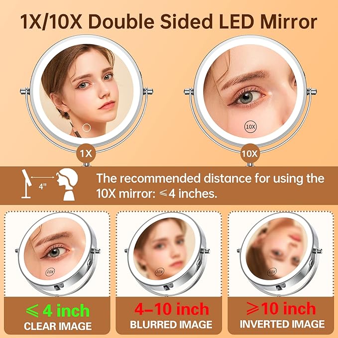 Gospire 7" Lighted Makeup Mirror with Magnification 10X/1X, Height Adjustable & 3 Color Dimmable Lights, 360° Swivel Double Sided Light up Rechargeable LED Cosmetic Vanity Cordless Standing Mirror
